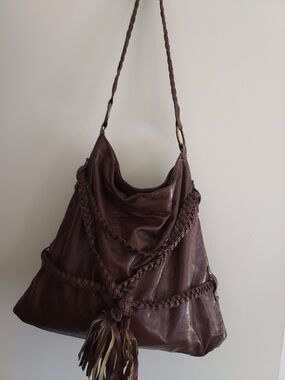Braided Tassel Hobo Bag in Deep Brown